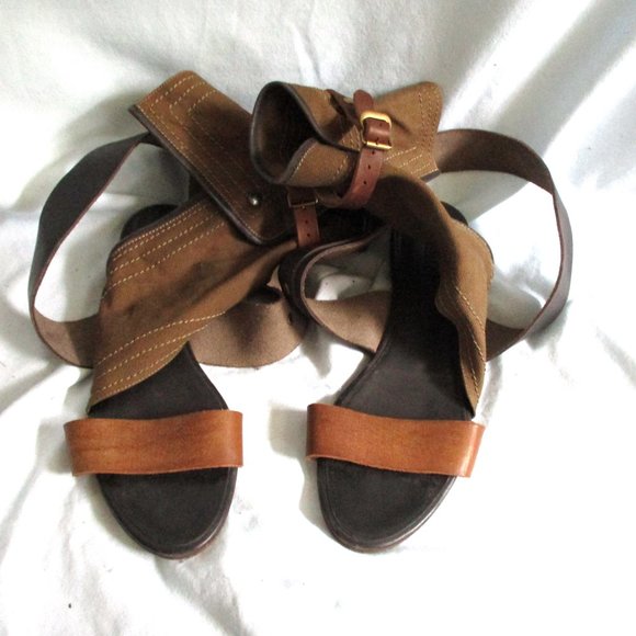 CHLOE Strappy Canvas Gladiator SANDAL Flat Shoe 36 Boho BROWN KHAKI - Picture 4 of 8